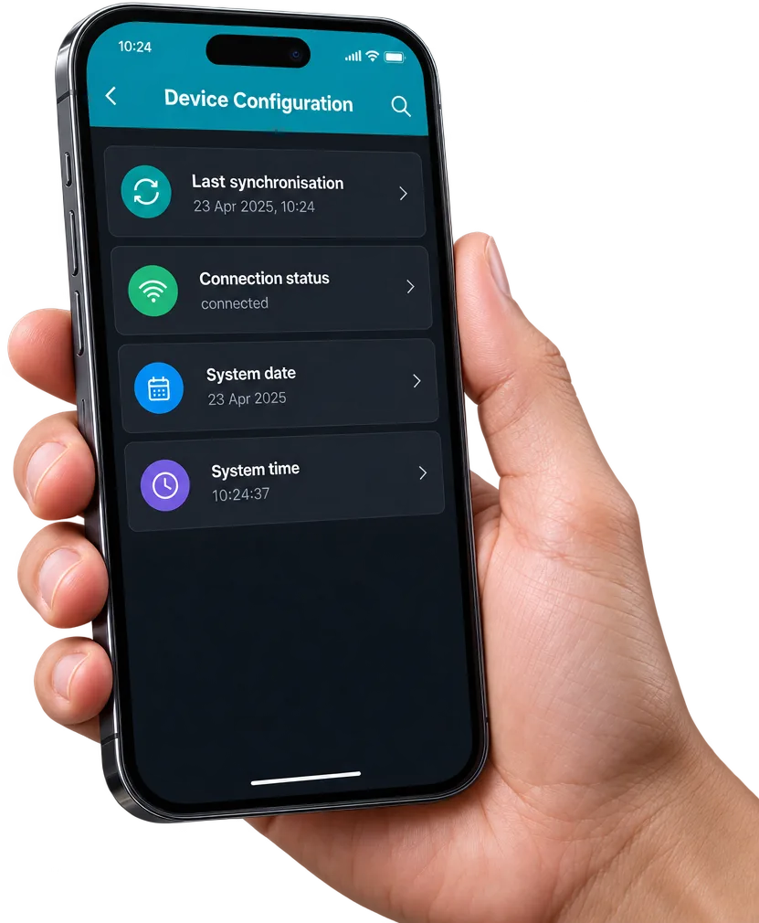 Device configuration screen on a phone, showing last synchronisation, connection status, system date and system time