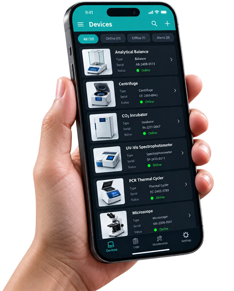 Certos cloud device register on a phone, listing each instrument with a thumbnail, type, serial and online status