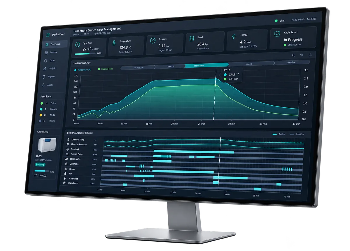 Desktop monitor showing the Certos fleet dashboard: a 40 minute cycle curve above a multi-track sensor and actuator timeline