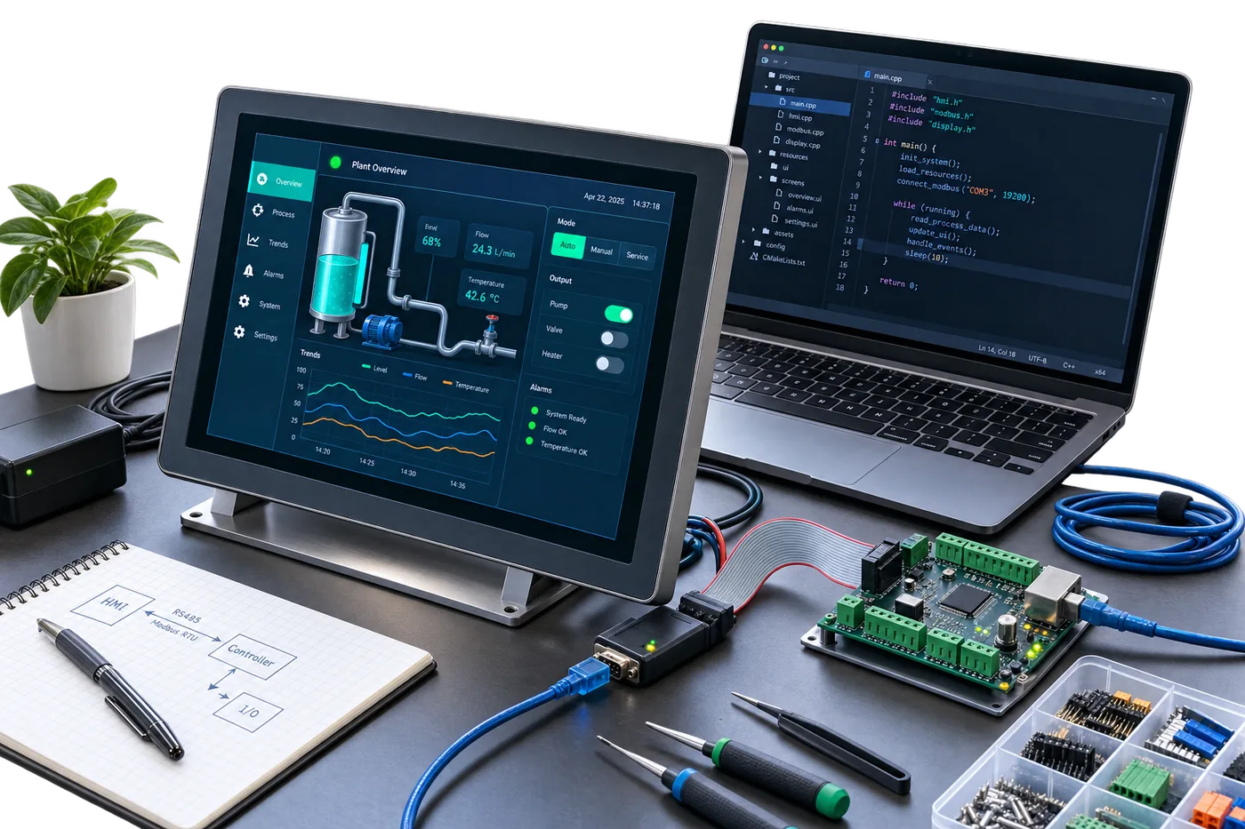 HMI development workbench: a touch panel under test wired to a controller board, with a laptop showing code behind it
