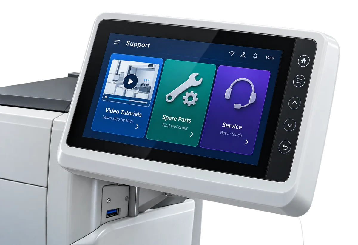 Certos HMI panel mounted on a lab device, showing the on-machine support tiles for video tutorials, spare parts and service