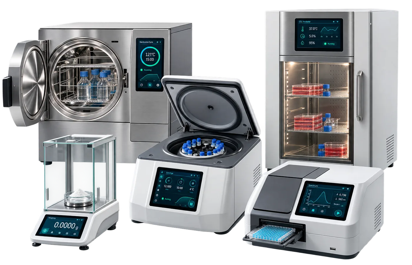 Five laboratory instruments standing together — sterilizer, centrifuge, balance, incubator and spectrophotometer — each with a lit Certos touchscreen